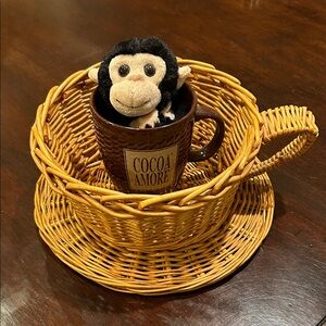 Wicker Teacup Basket with Plush Monkey